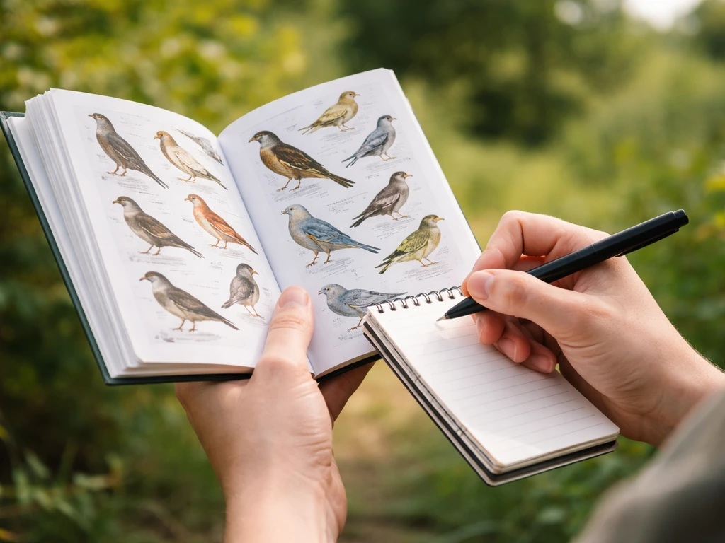 Hands using an open bird field guide and notebook to record a bird sighting in nature.