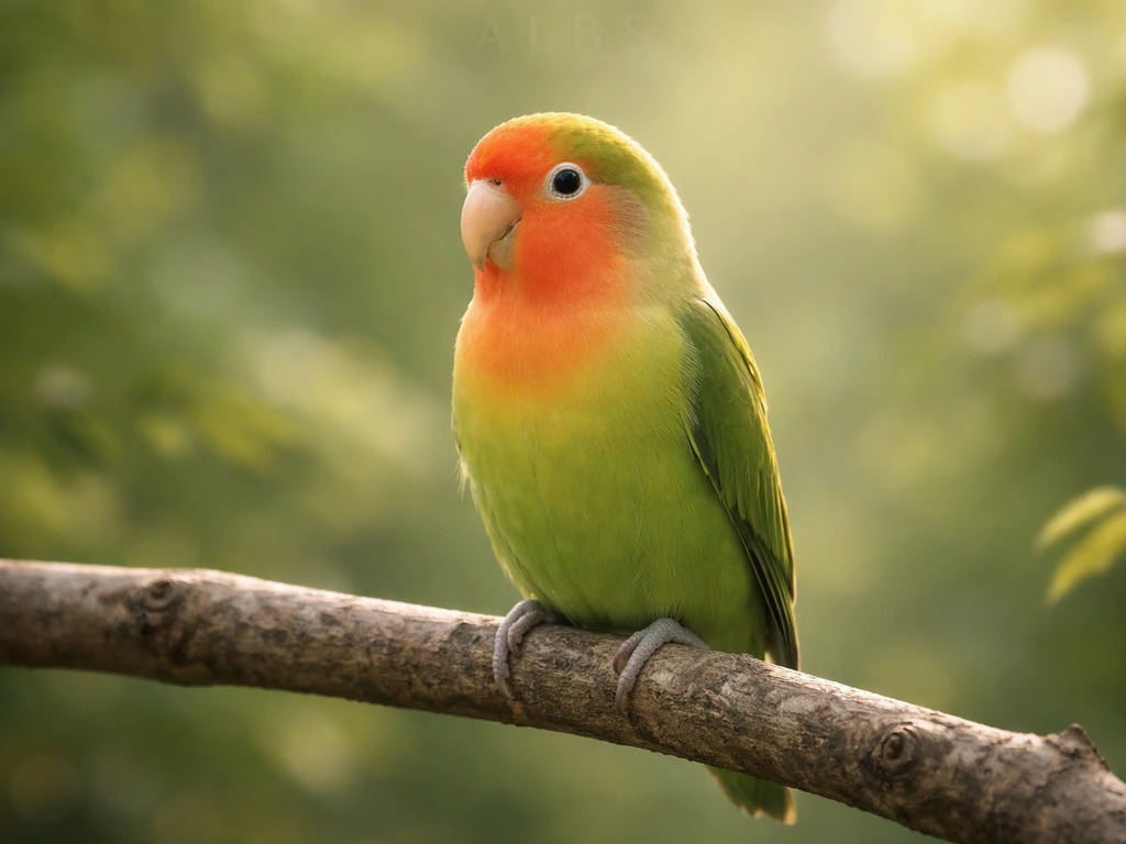 Single African lovebird perched on a branch with a faint, subtle ALBS overlay in soft light.