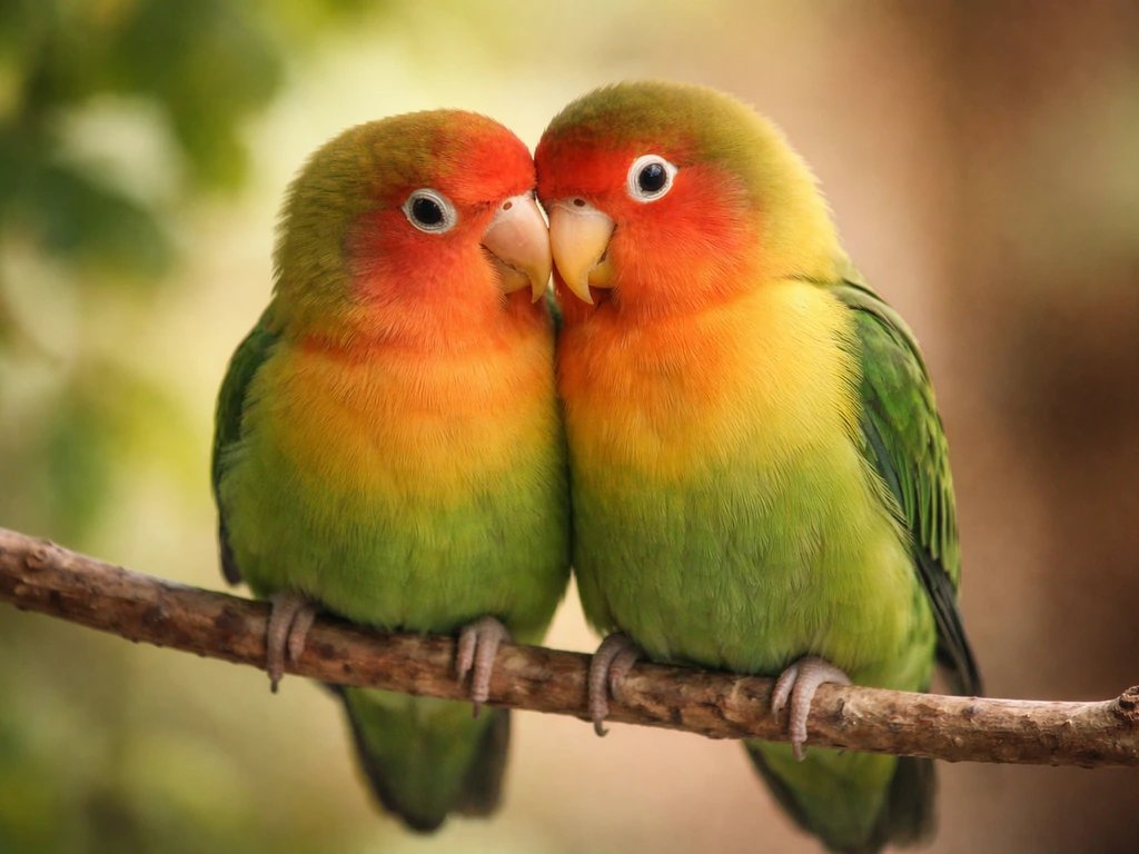 African lovebirds perched together closely, showing affectionate bonding in warm natural light.