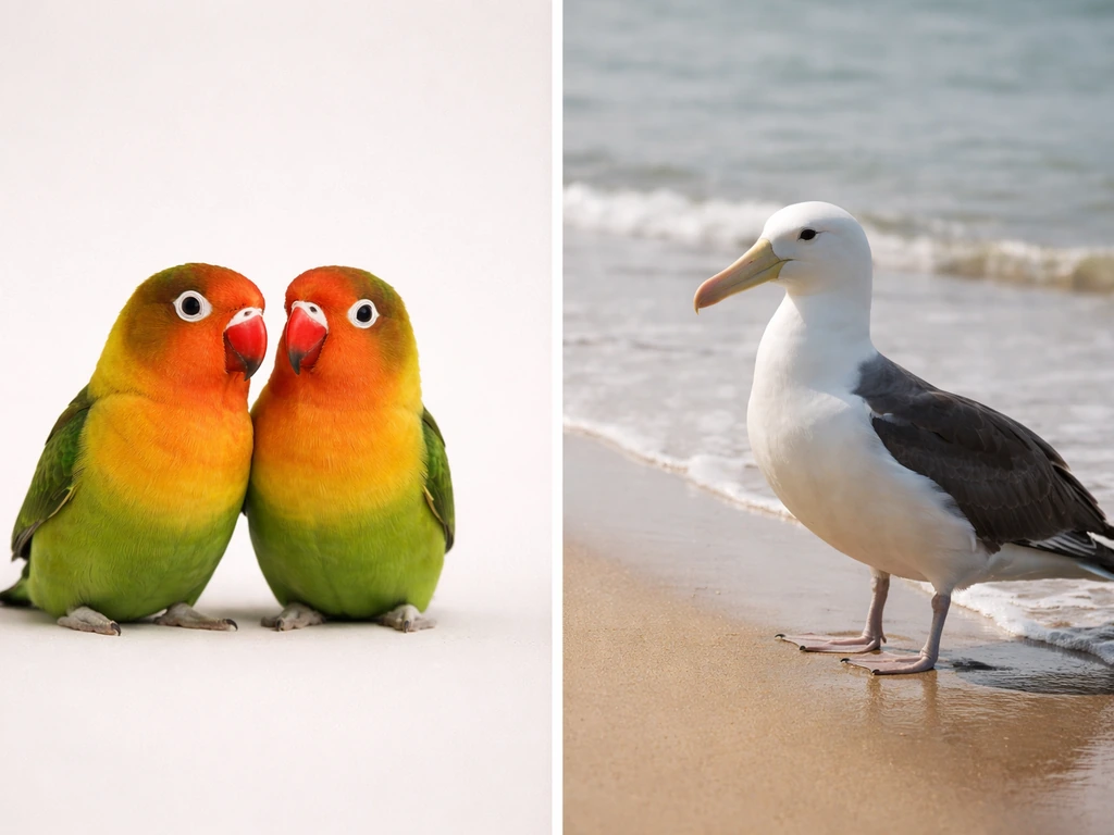 African lovebirds perched beside a seabird resembling an albatross to show different bird meanings