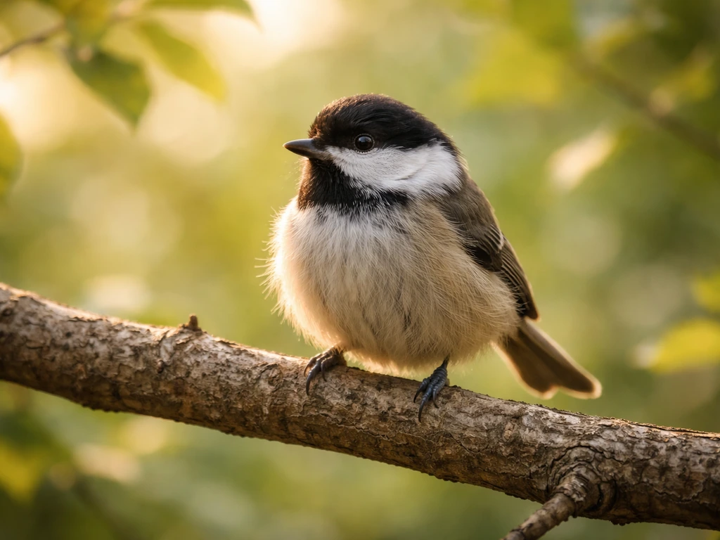 Cheerful small bird perched on a branch in bright morning sunlight with soft green background.