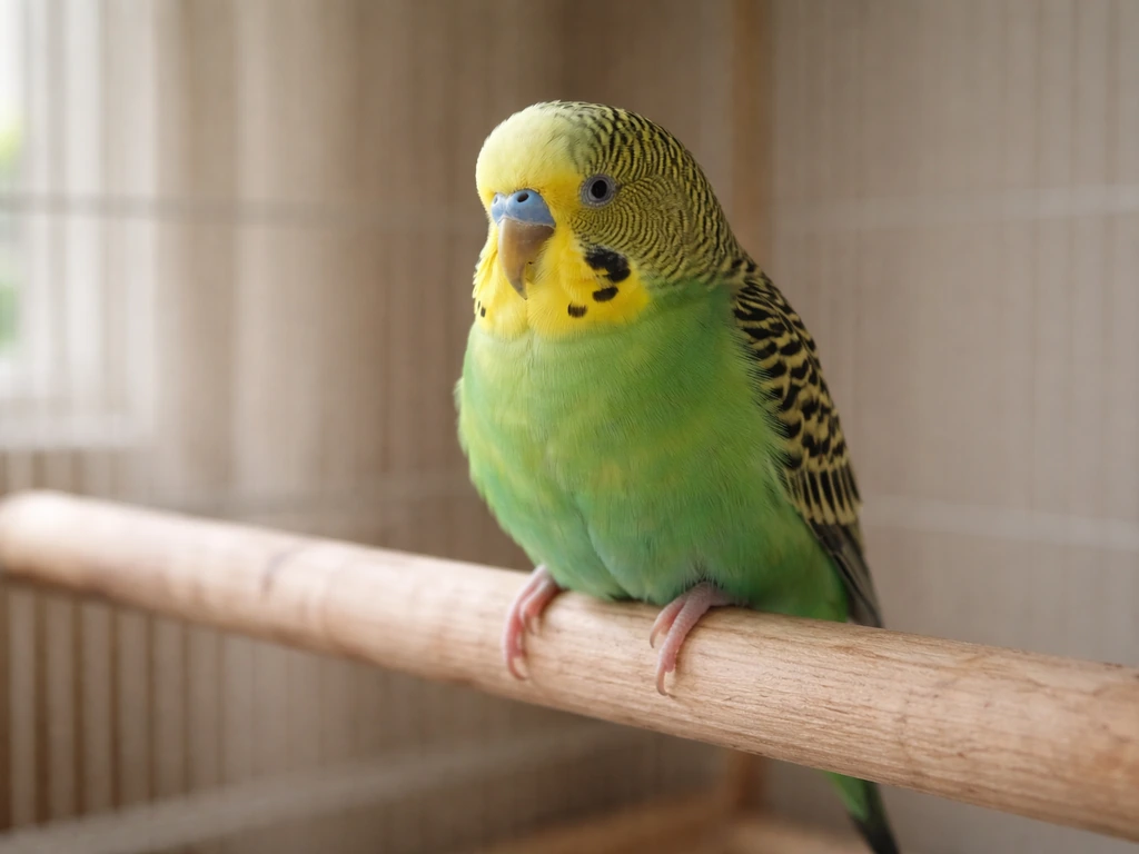 A calm budgie perched on a wooden perch, relaxed and content in soft natural light.