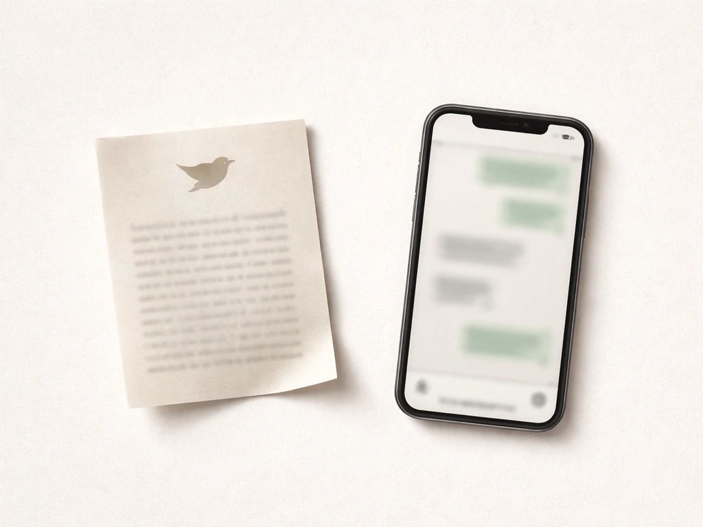 Minimal collage showing the phrase “happy bird” as a poetic title card and message-style snippet