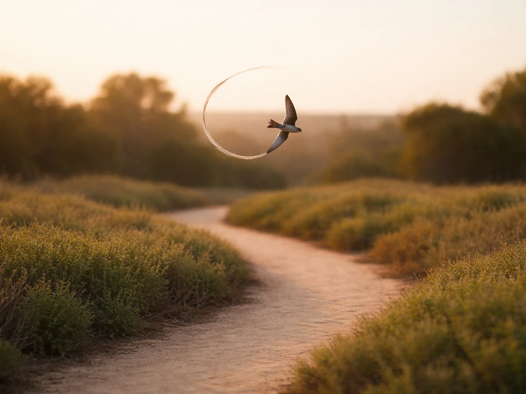 A single bird in mid-flight loops over a winding trail curving through greenery outdoors.