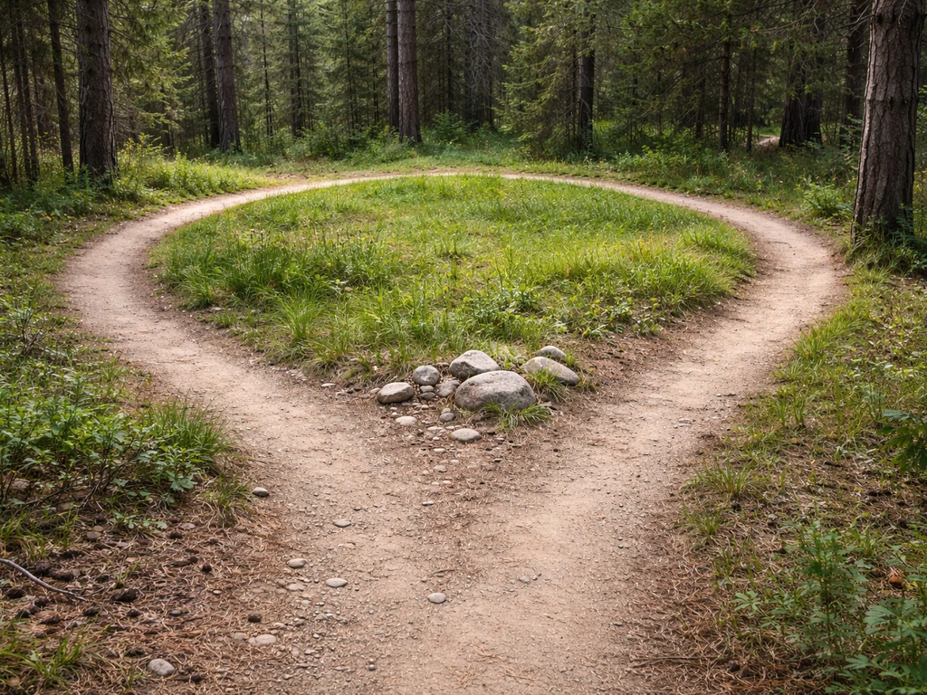 A simple hiking trail that loops back to a starting point in an outdoor nature setting.