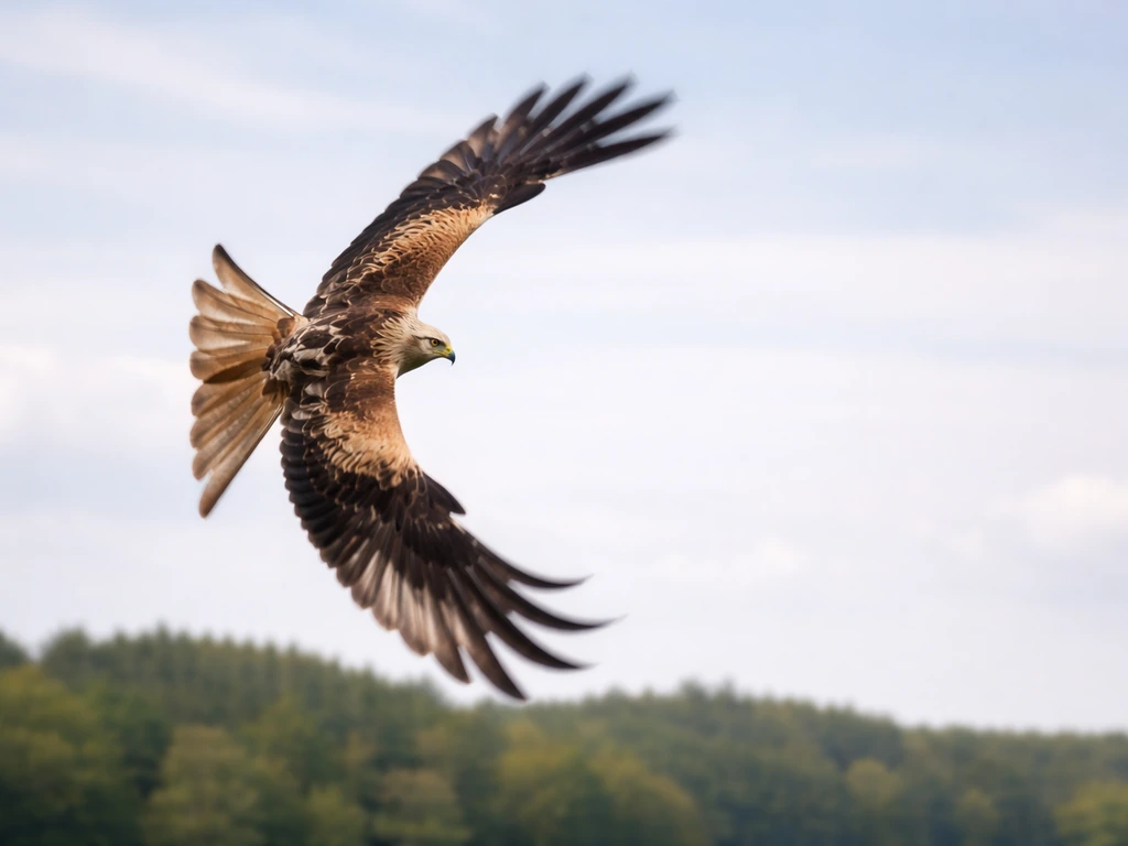 A kite bird banking in mid-loop over an open sky and distant treeline.
