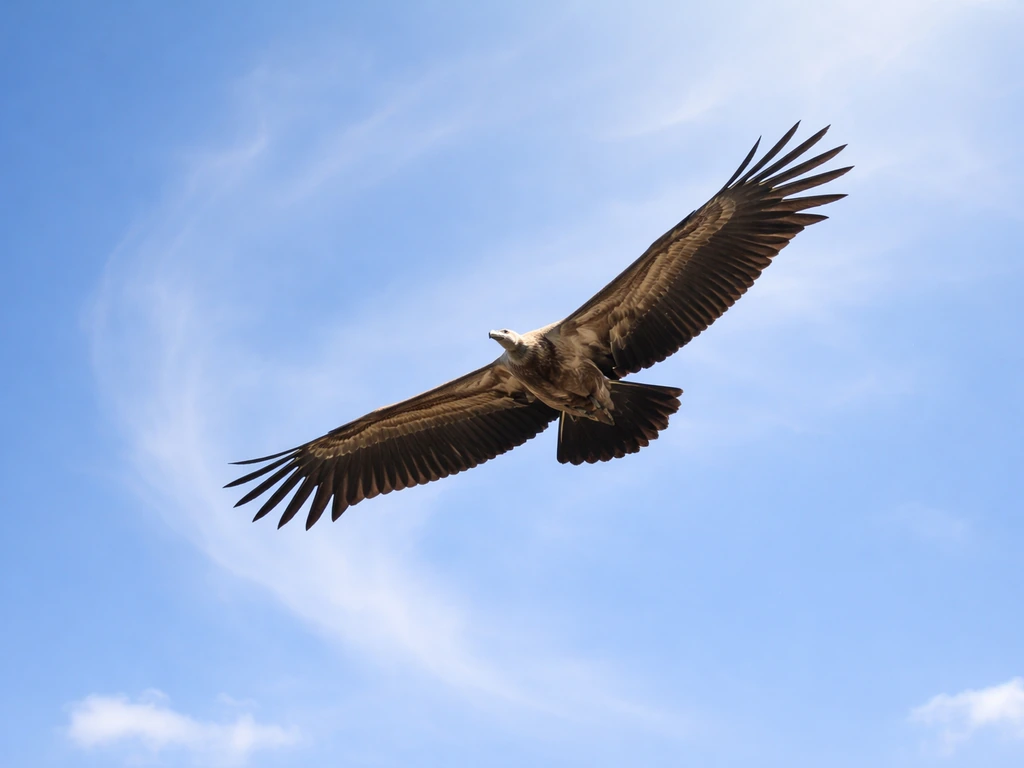 A dark vulture/buzzard circling high in the sky above faint thermal updrafts