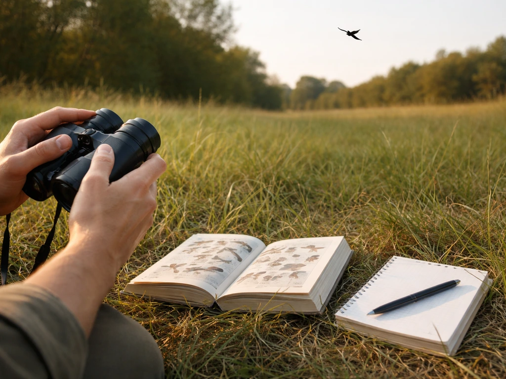 Birdwatcher in field with binoculars and field guide while observing a looping-circling bird in flight