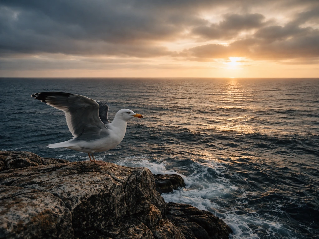 A seabird in the foreground over a dramatic ocean horizon at golden hour