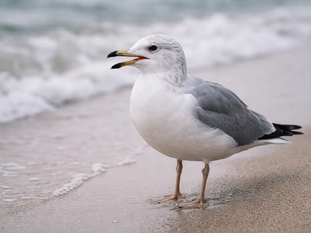 Close-up of a seabird perched near the shoreline with ocean water in soft focus behind it.