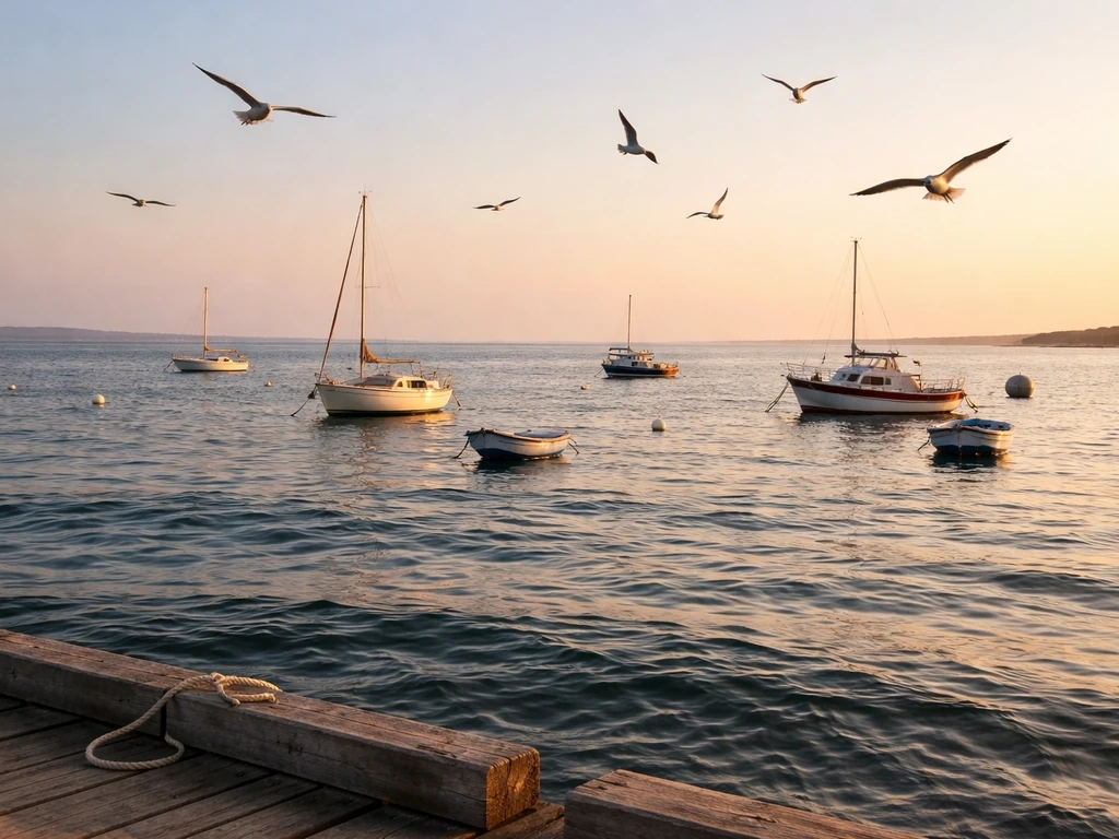 Sea birds flying over a quiet harbor with small boats, symbolizing guidance for sailors.