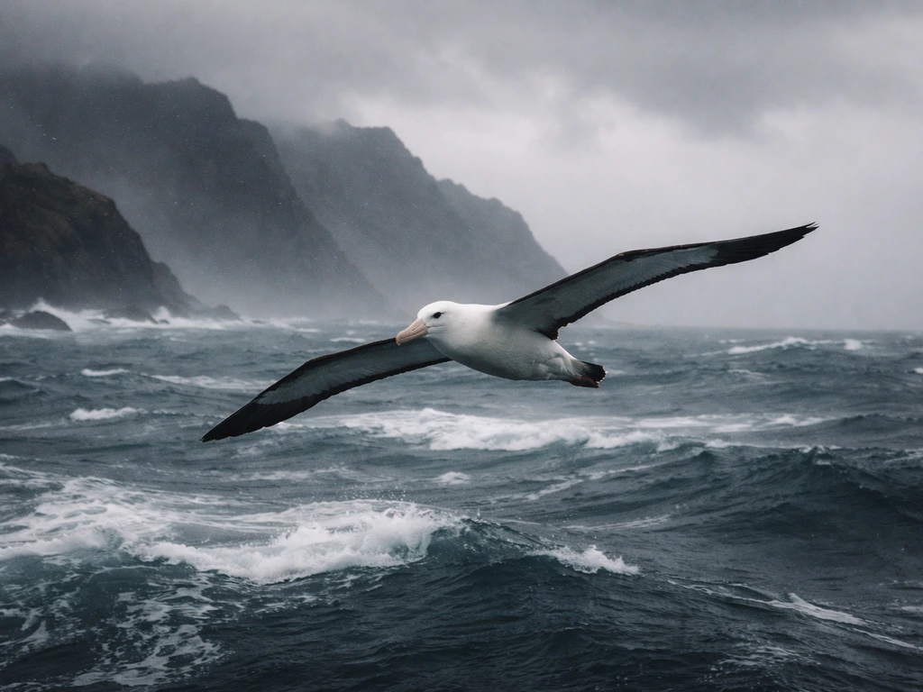 An albatross gliding over stormy ocean near dark cliffs, evoking Coleridge’s mariner tale.