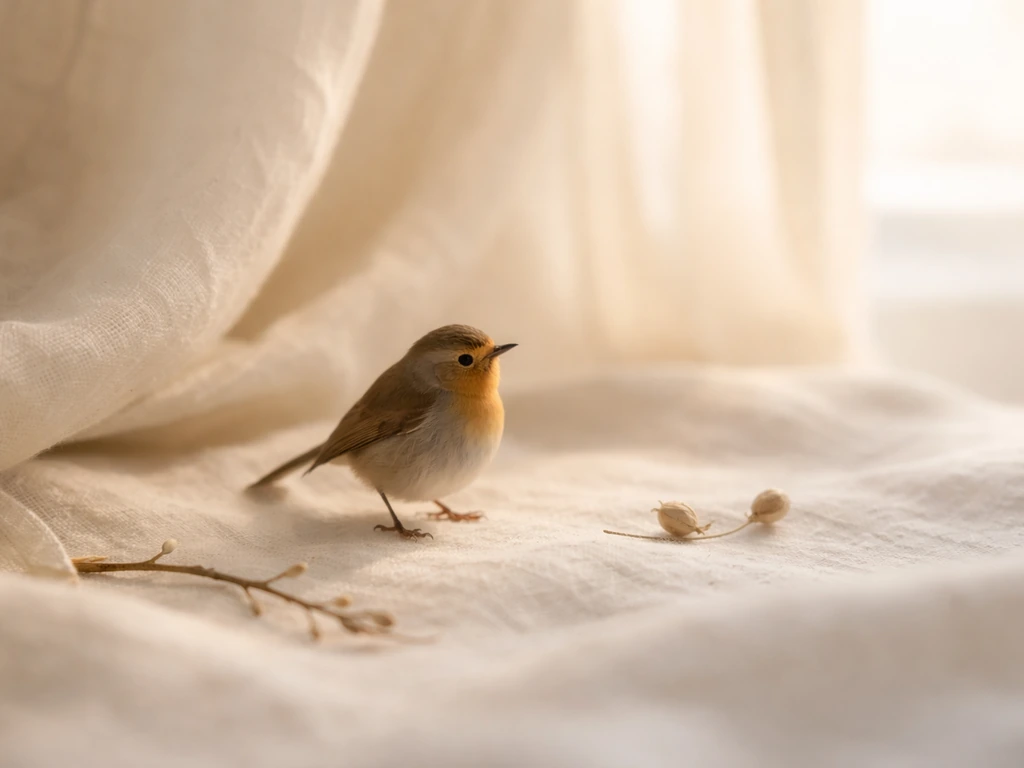 Soft fabric background with a tiny perched bird and airy light, symbolizing “little bird” gently.