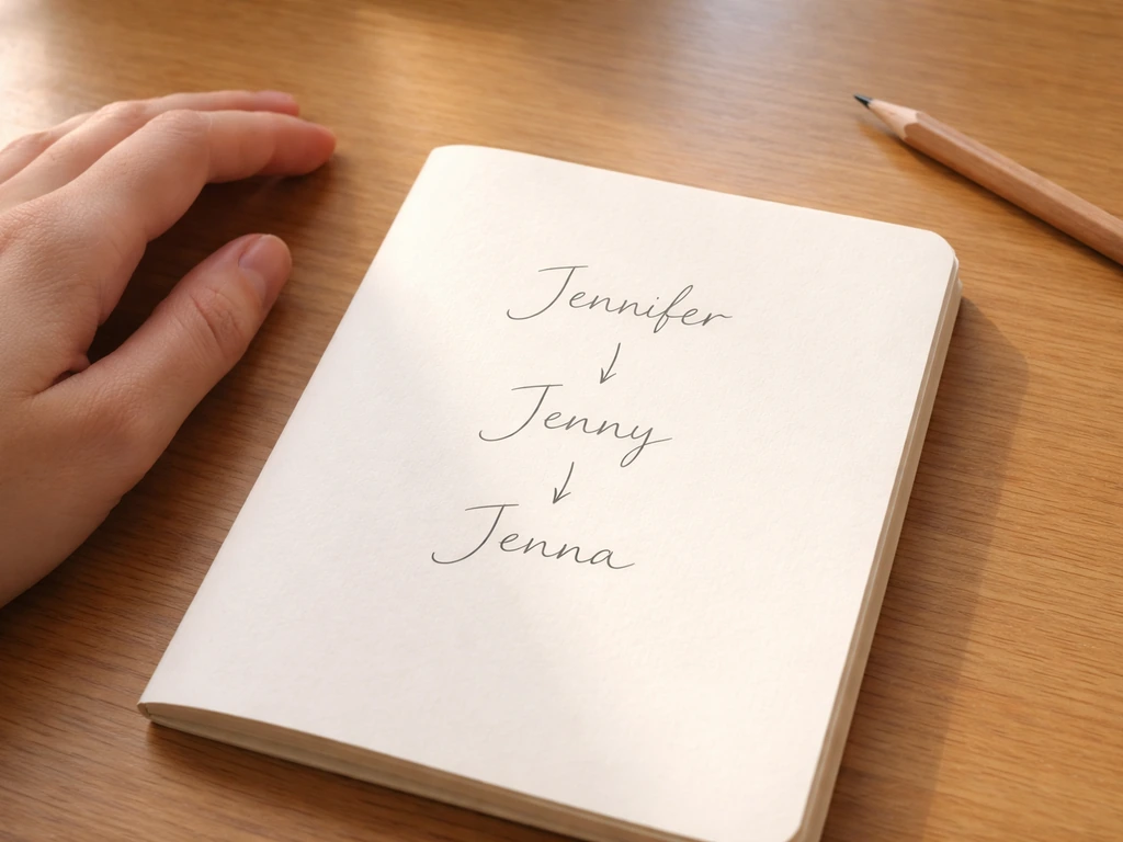 Minimal photo of a handwritten paper note with three small connected names—Jennifer, Jenny, Jenna—on a desk
