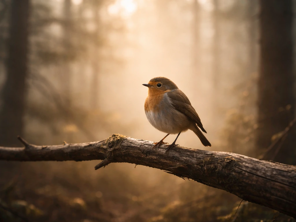 A small songbird perched on a branch in soft morning light amid gentle mist