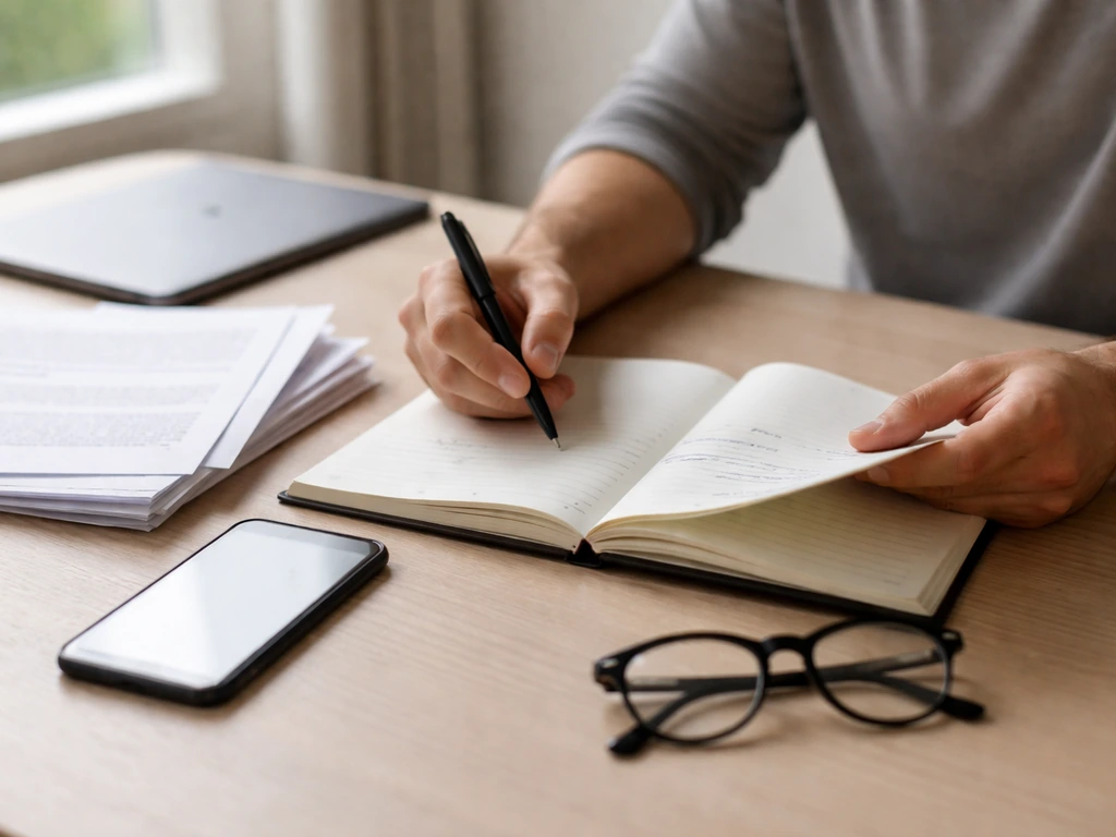 Person at a desk comparing references with notebook and smartphone in front of a softly lit window
