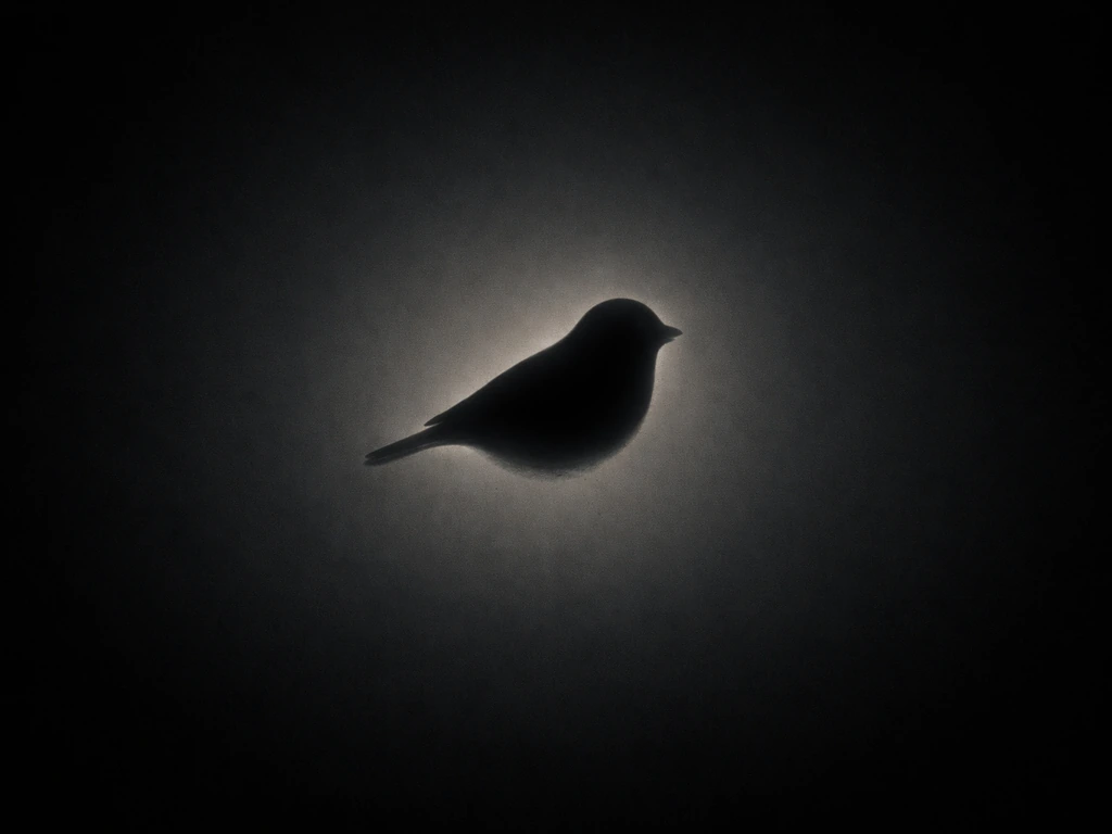 A lone bird silhouette with a hollow void inside it against a dark, lightless background.