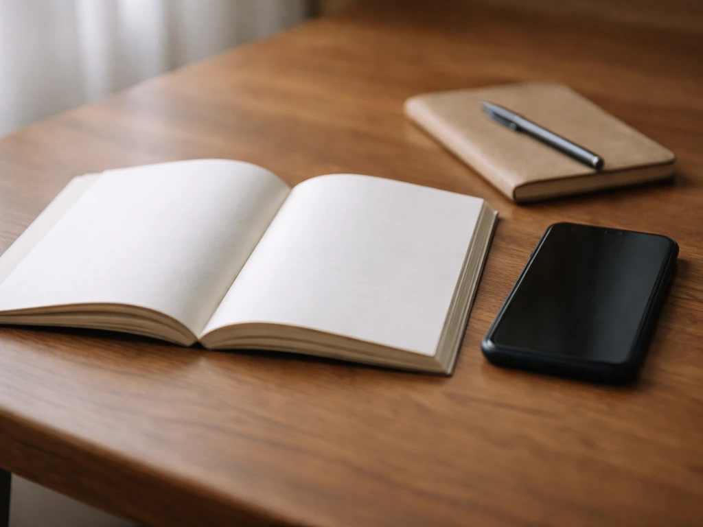 Minimal desk scene with a book open beside a smartphone, suggesting poetry lyric context.