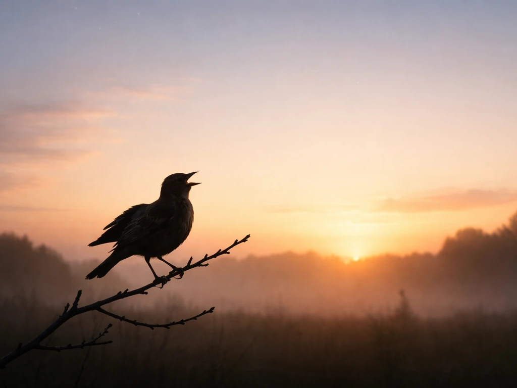 A small lark/bird silhouetted mid-song at dawn against a brightening sky.