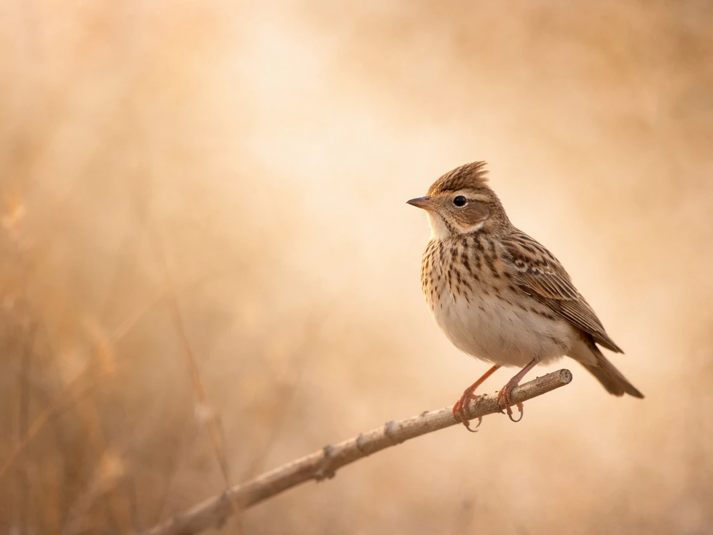 A small lark perched on a twig with warm parchment-like background suggesting word origins.