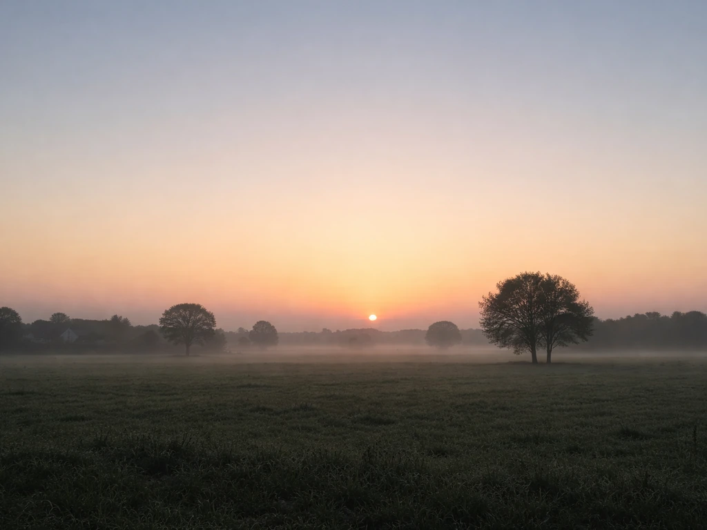 Dawn sunrise over quiet fields with silhouetted rooftops and trees as first light breaks