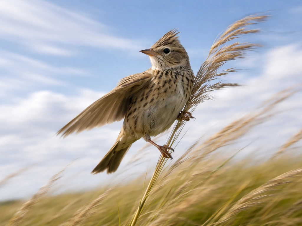 A small lark climbing into the wind in the open sky, dynamic wings and motion-blurred clouds.