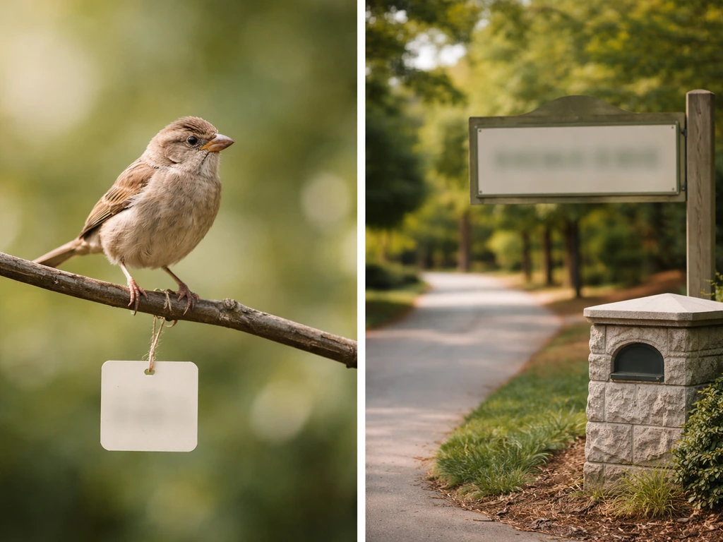 Split image: small perched bird on left; quiet park/place sign and marker on right.