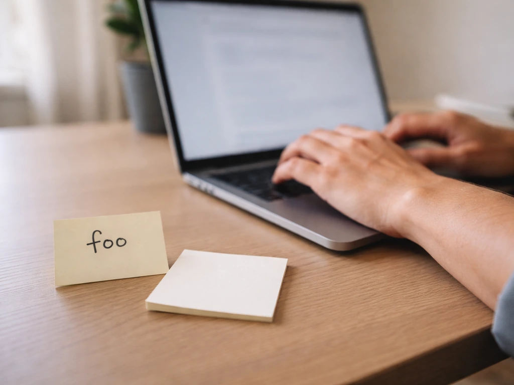 Hands typing near a blank note and a small handwritten “foo,” suggesting it’s a placeholder.