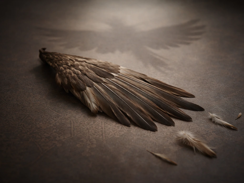A single bird wing and scattered feathers on a dark table with faint abstract cultural patterns.