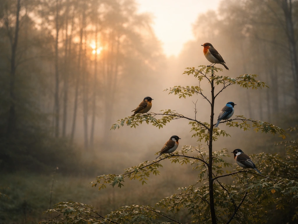 Dawn birds perched in a tree, softly lit misty forest, suggesting folk omens and natural spirituality.