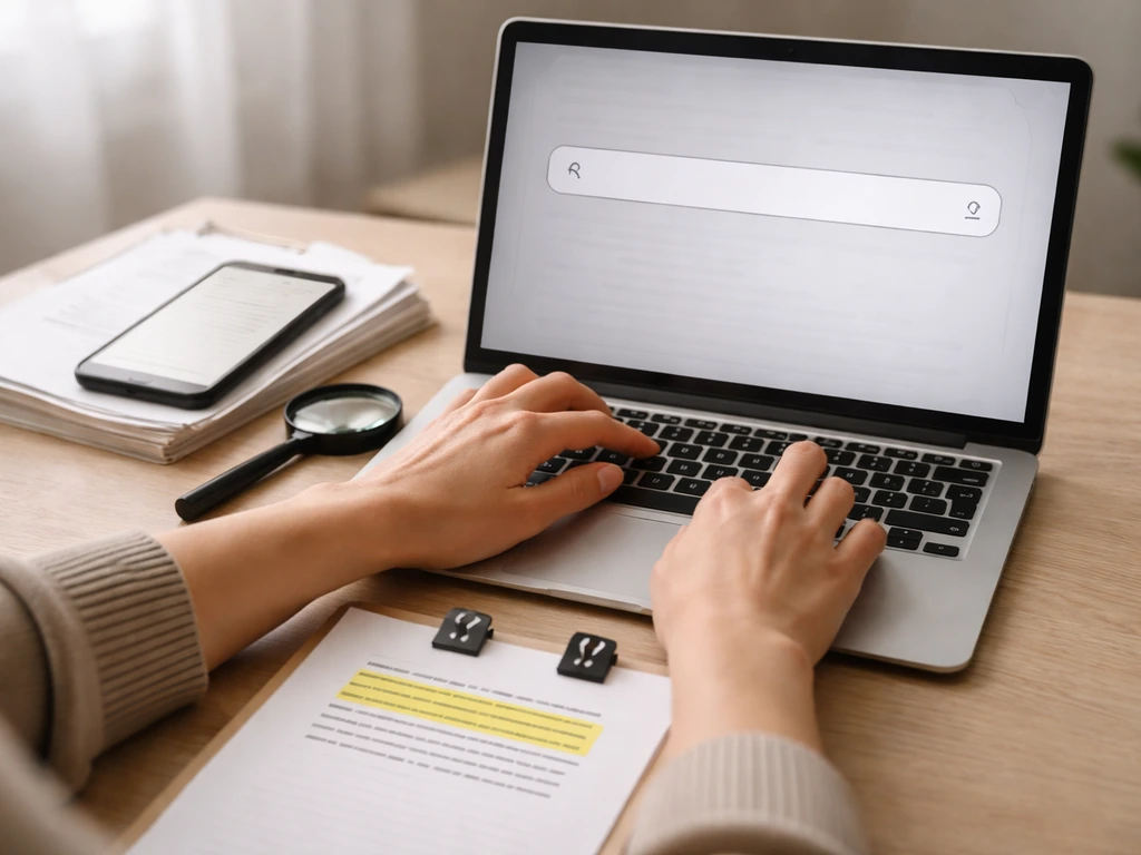 Person at a desk copying a quote, searching on a laptop, and checking context in a quiet workspace