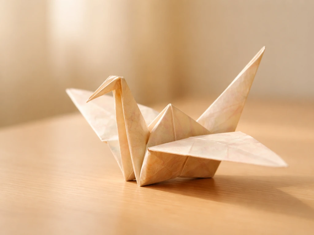 Close-up of a delicate origami paper bird on a warm wooden table in soft light.