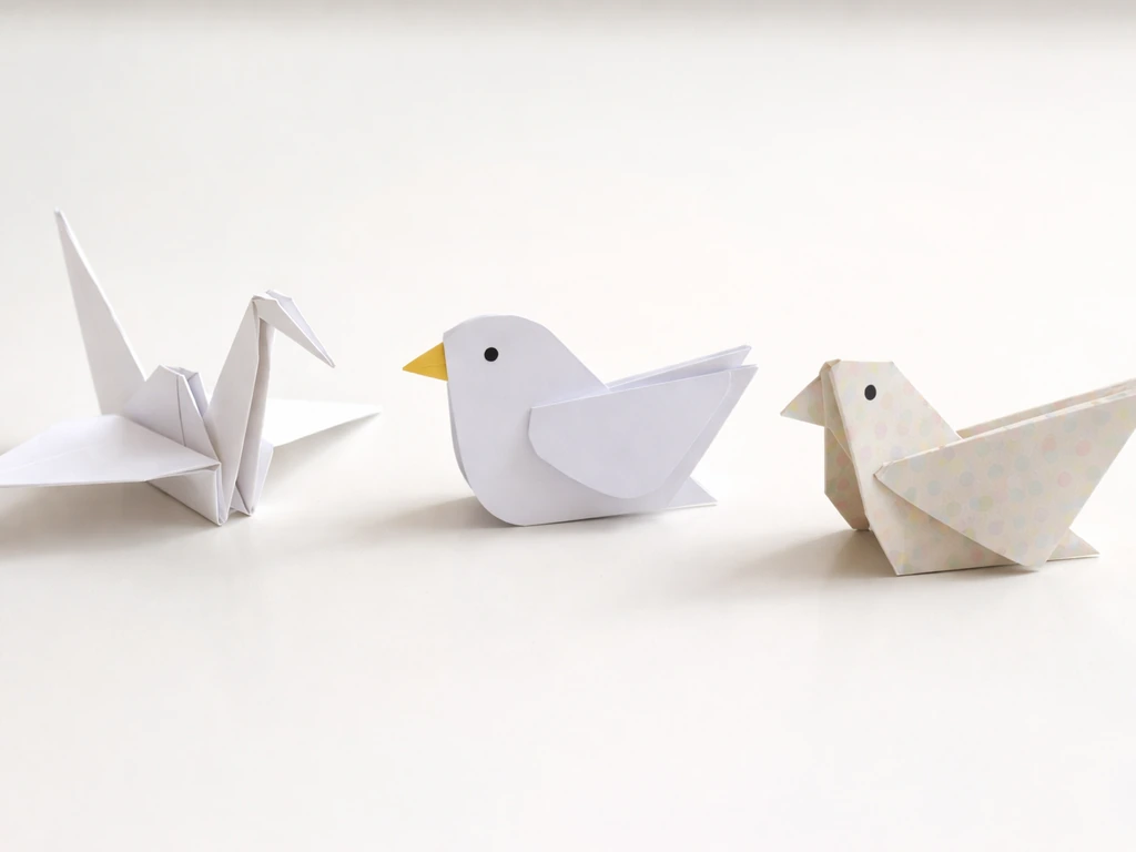 Three simple paper birds side by side: origami crane, cut-and-fold craft, and patterned paper bird.