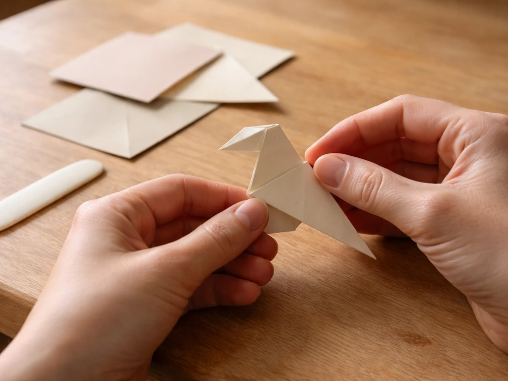 Close-up of hands folding a paper bird over a crease tool on a clean tabletop