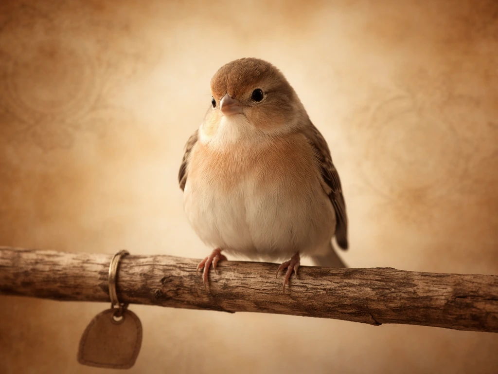 A single heirloom bird perched on a branch beside vintage paper, evoking lineage and legacy.