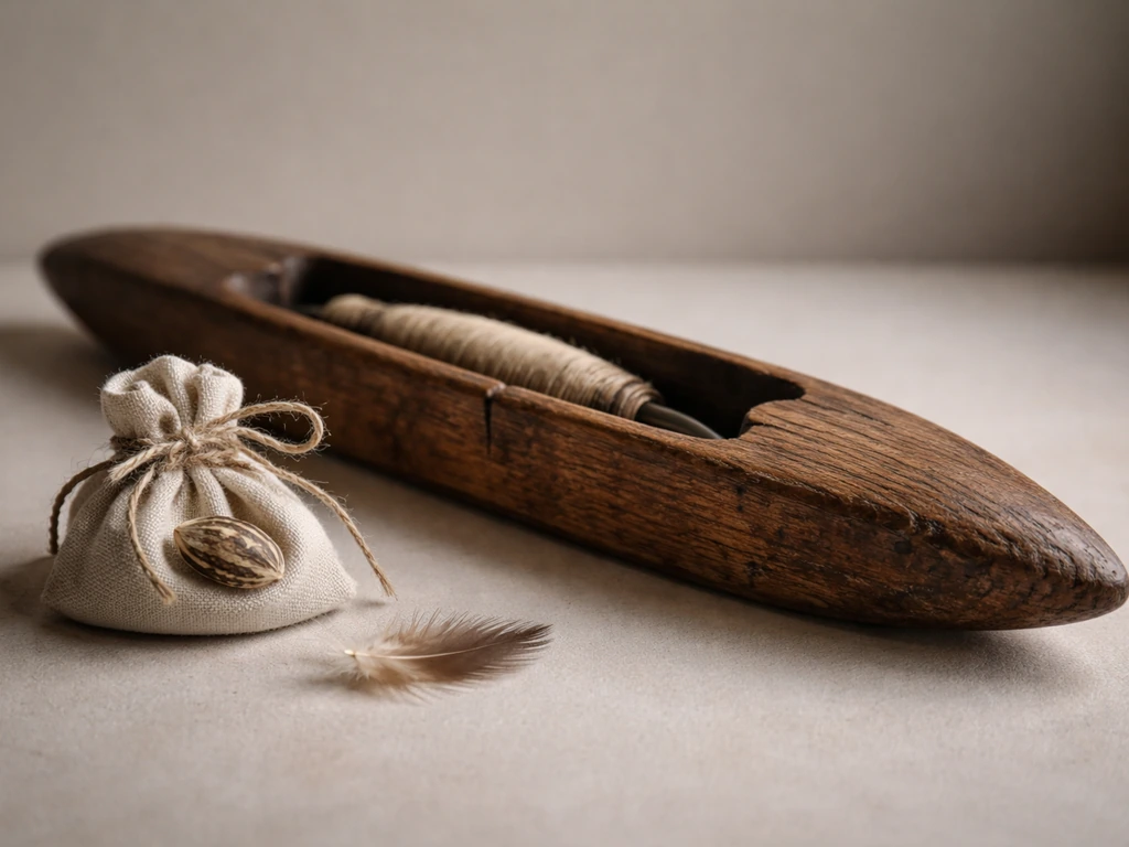 Close-up of an aged wooden loom tool with a small heirloom seed and a tiny feather fragment.