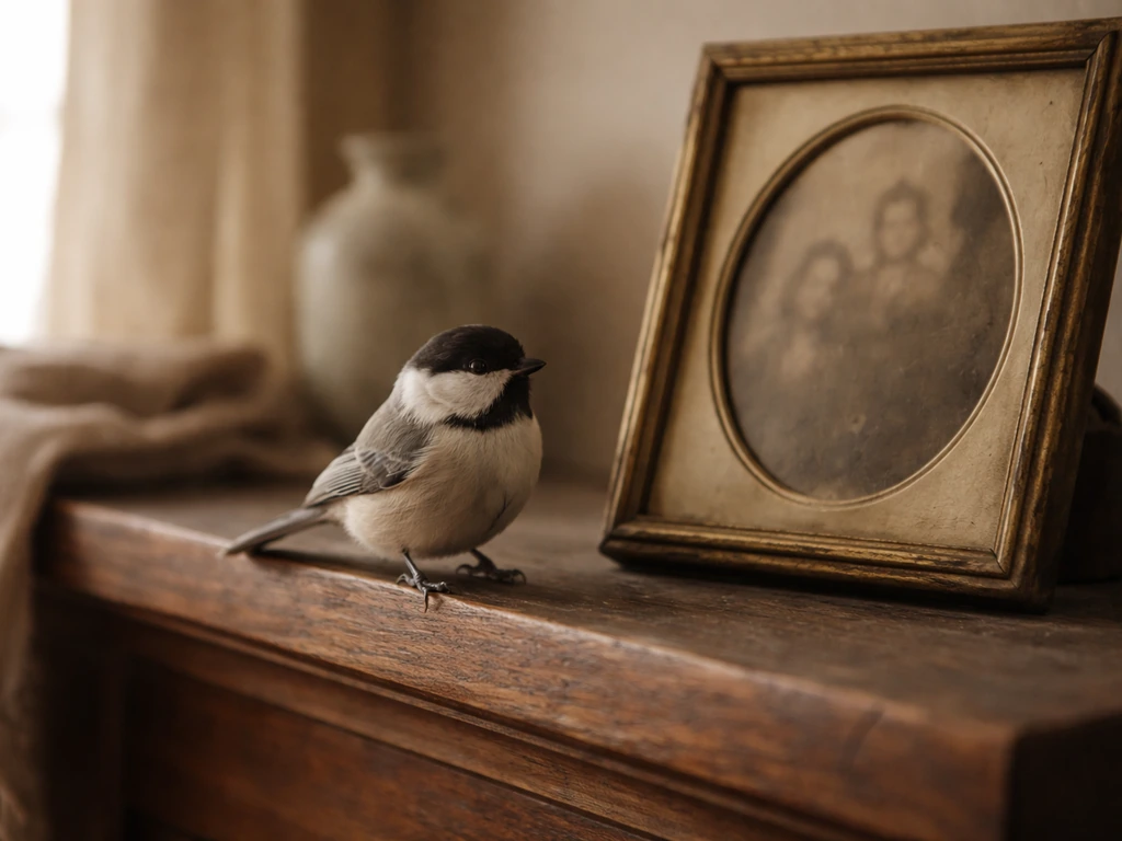 A small bird perched near an antique framed family keepsake, symbolizing inherited legacy.