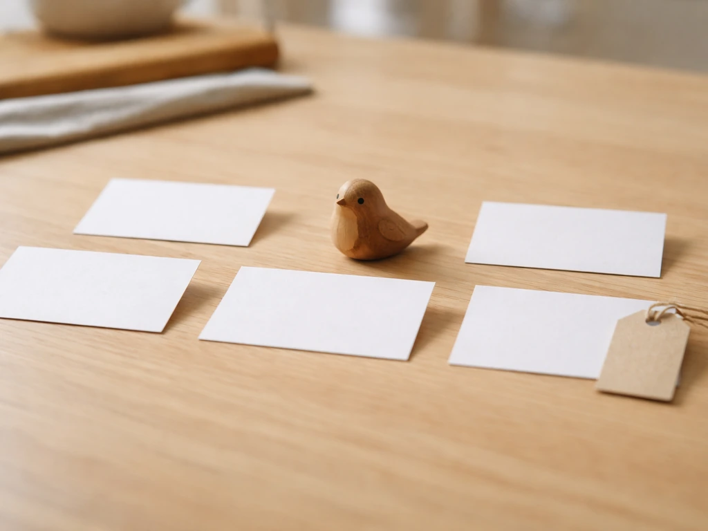 Small bird figurine beside blank context cards with a single blank tag indicating likely interpretation direction.