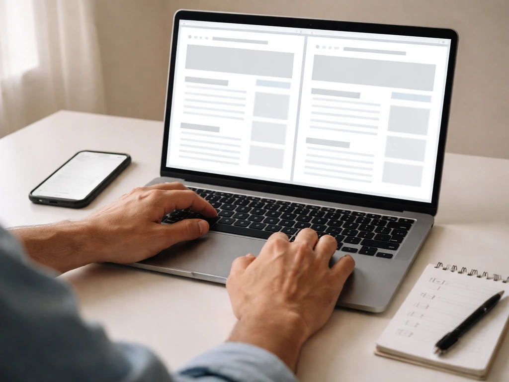 Person using laptop to compare heritage breed definition pages and checklist for verifying a term’s meaning.