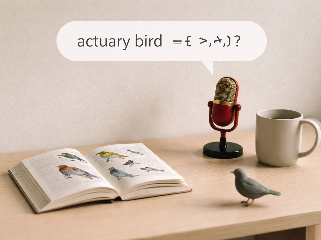 Minimal desk with bird book and microphone, hinting at a misheard “actuary bird” phrase.