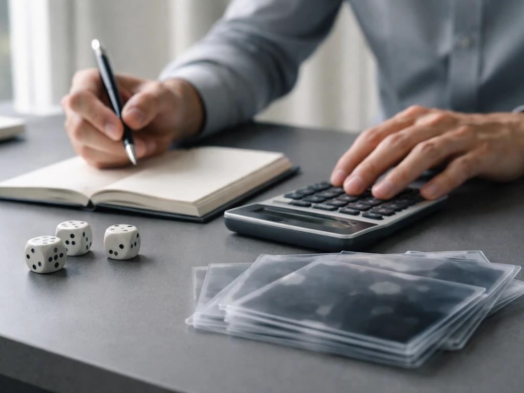 Close-up of a risk modeling setup with dice, calculator, and blurred risk-style cards on a desk