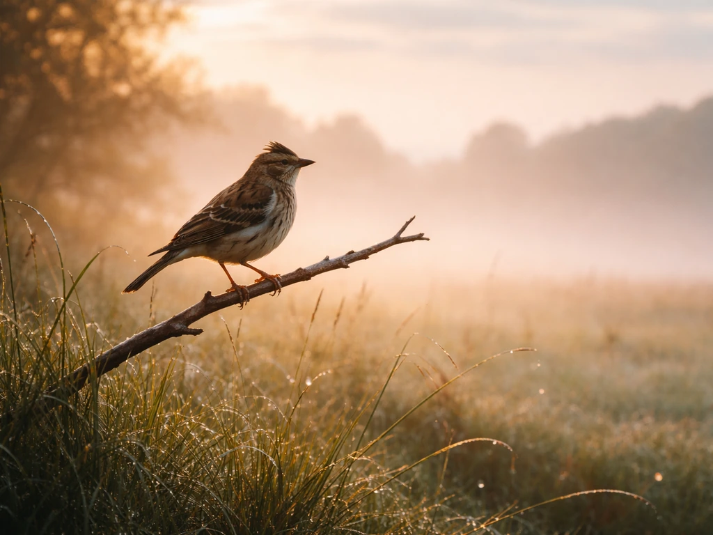 A lark perched on a branch at dawn with warm sunrise light and misty, hopeful background.