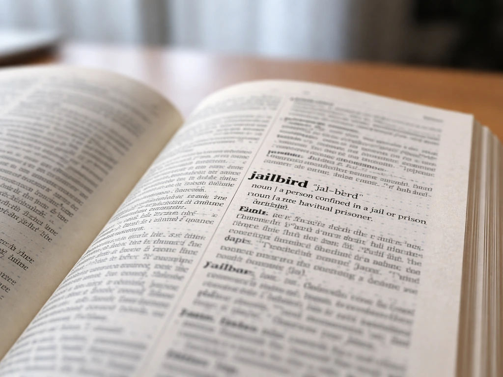 Close-up of an open dictionary page with the word “jailbird” visible, symbolizing the idiom’s plain meaning.