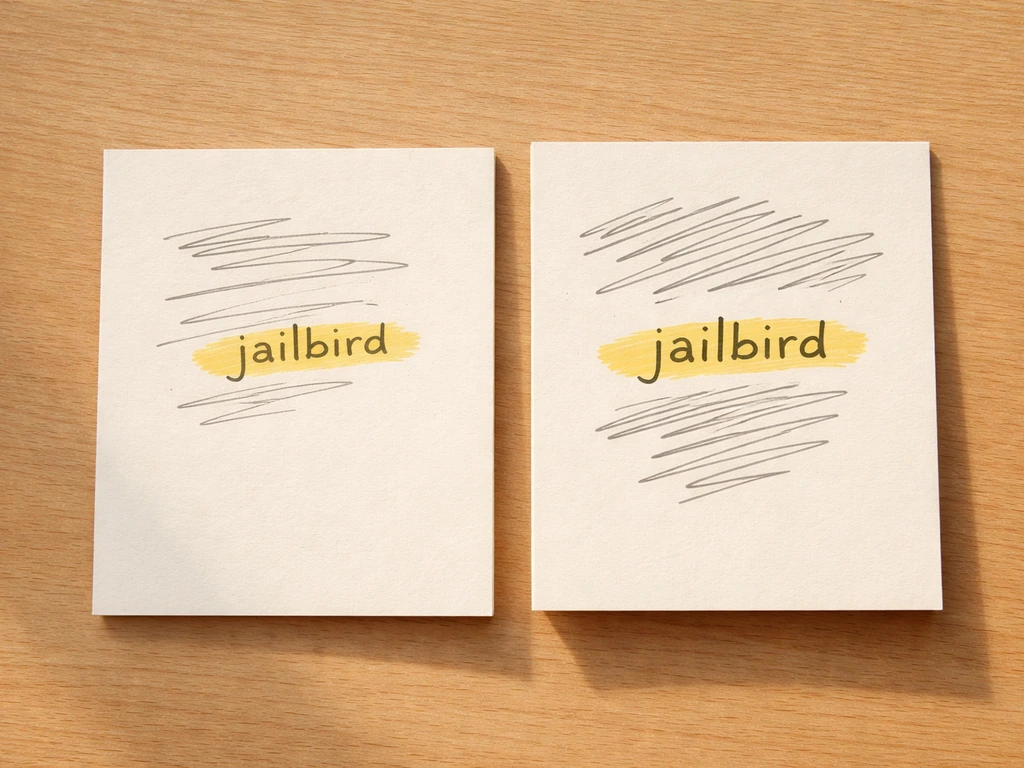 Two blank paper notes side-by-side on a wooden table, with “jailbird” highlighted differently.