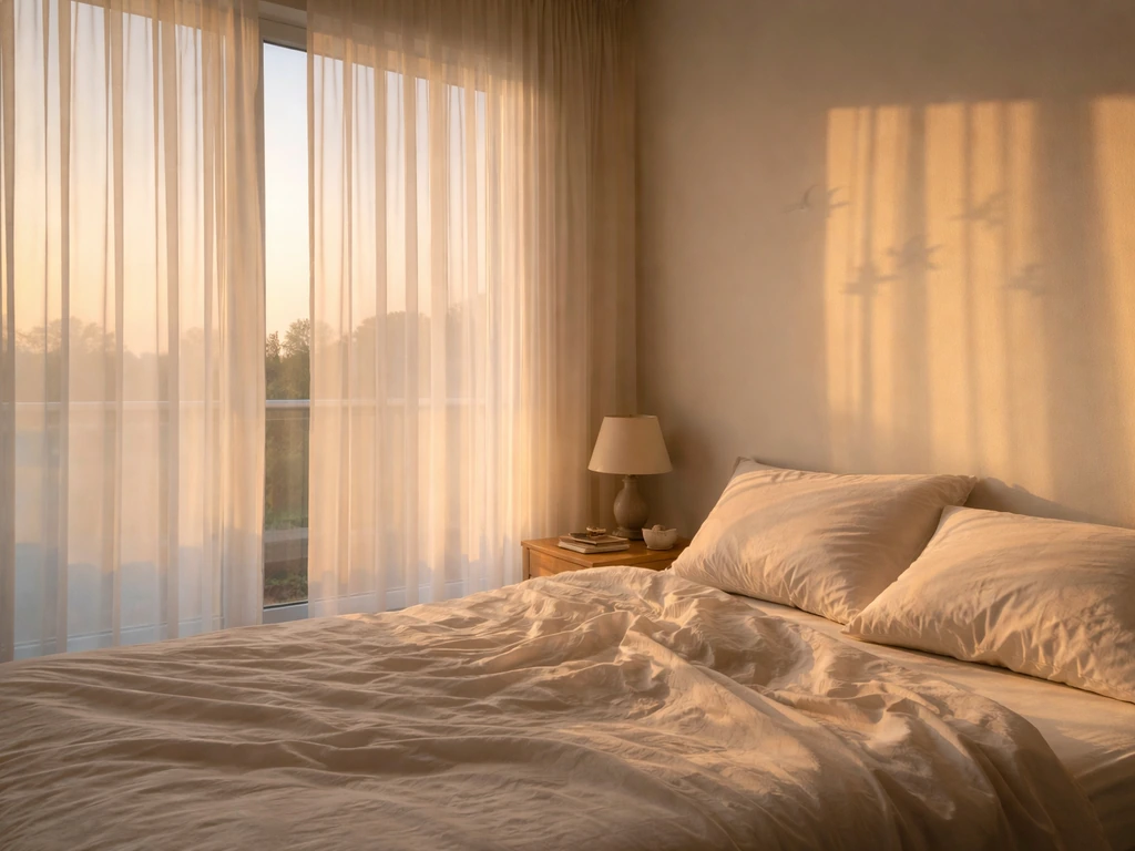 Sunlit bedroom at dawn with soft curtains and a gentle bird silhouette motif suggesting light, easy sleep