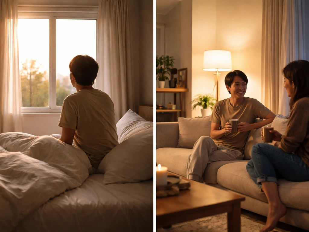 Two small dawn vignettes: a person waking naturally by a window and another chatting on a couch in calm light.