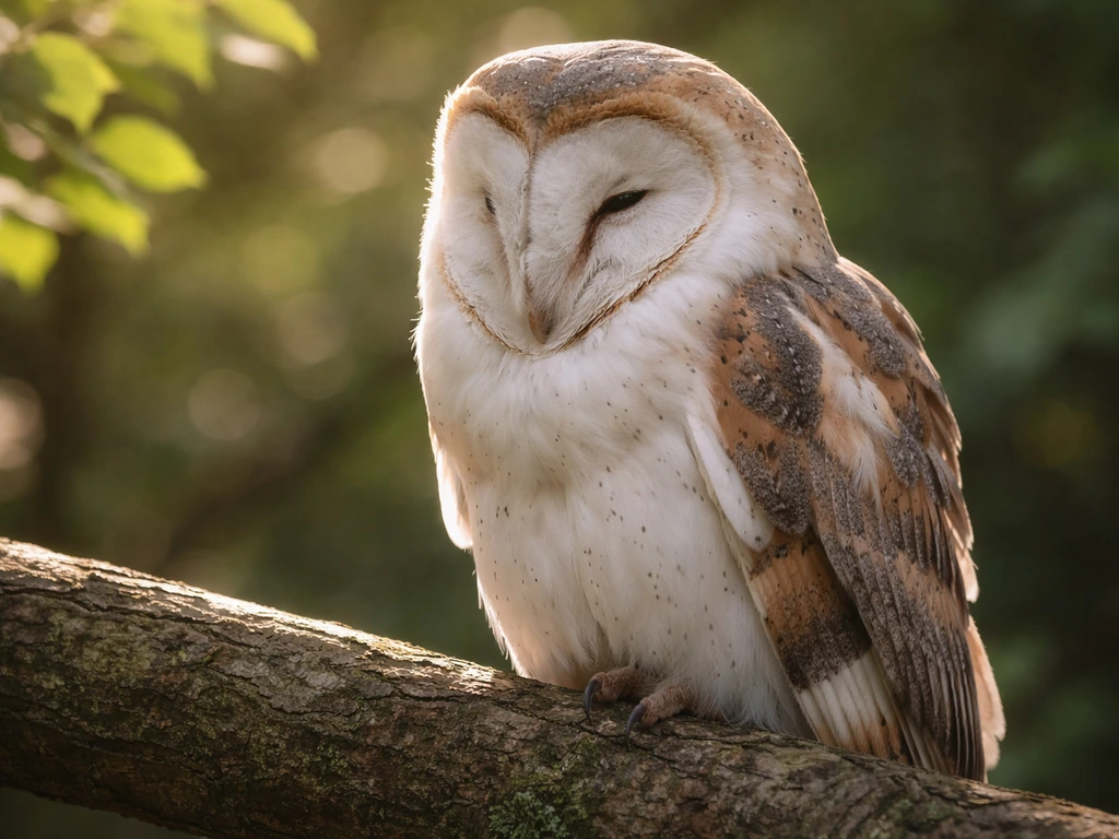 Barn owl resting on a branch in natural morning light, eyes mostly closed.
