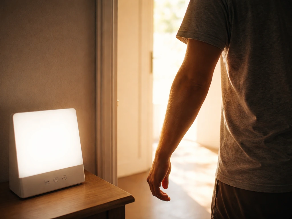Person stepping into bright morning sunlight right after waking, calm home entryway.