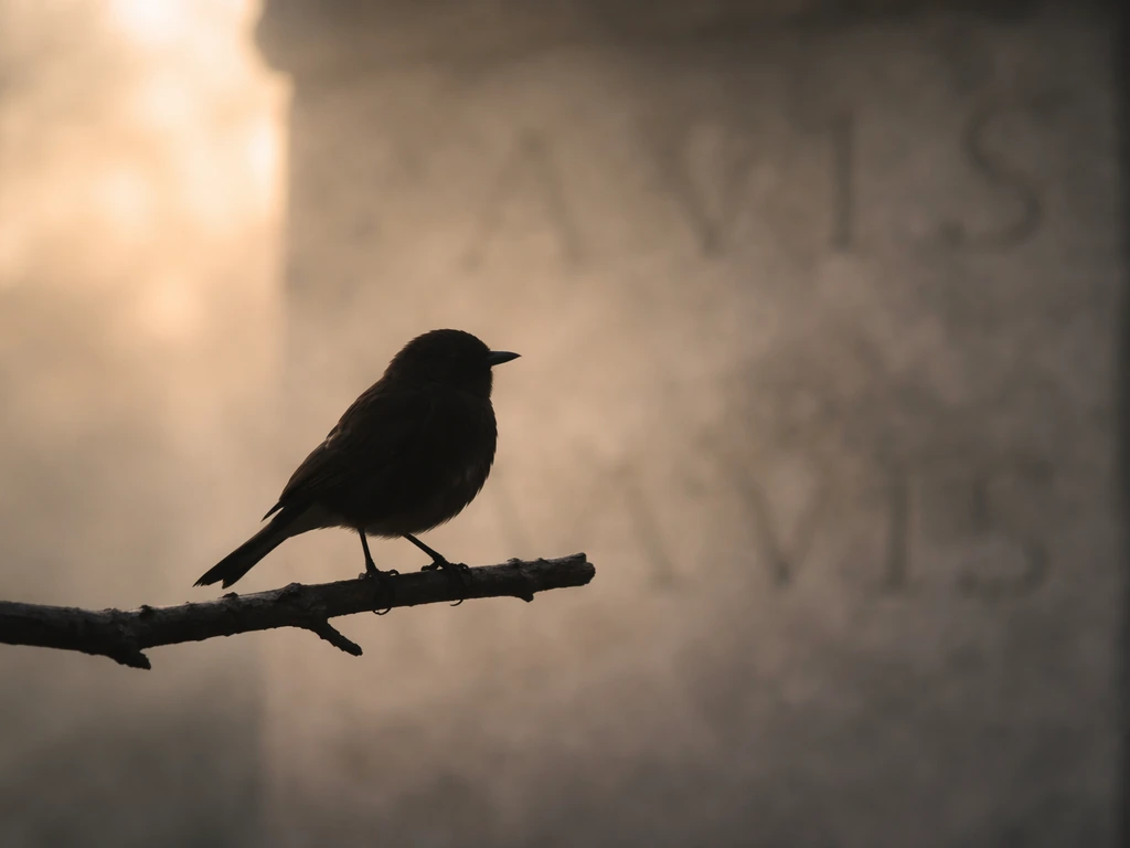 A silhouetted bird perched on a branch with a softly blurred stone tablet background.
