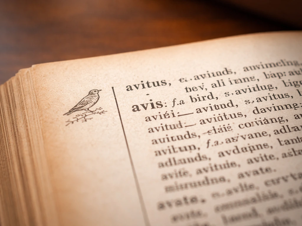 Close-up of a Latin dictionary page with “avis” highlighted and a small bird motif in the margin